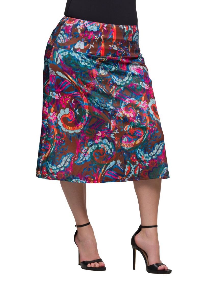 Plus Size Brown Paisley Print Comfortable Elastic Waist Knee Length Skirt