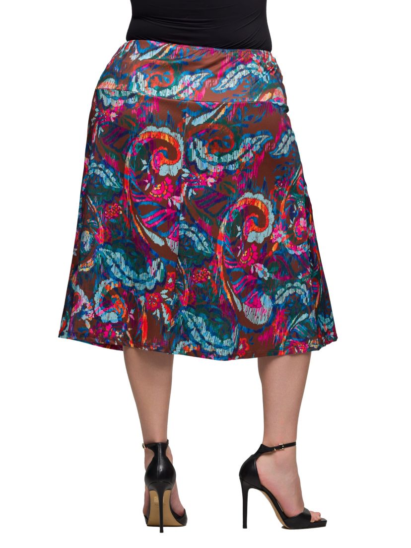 Plus Size Brown Paisley Print Comfortable Elastic Waist Knee Length Skirt