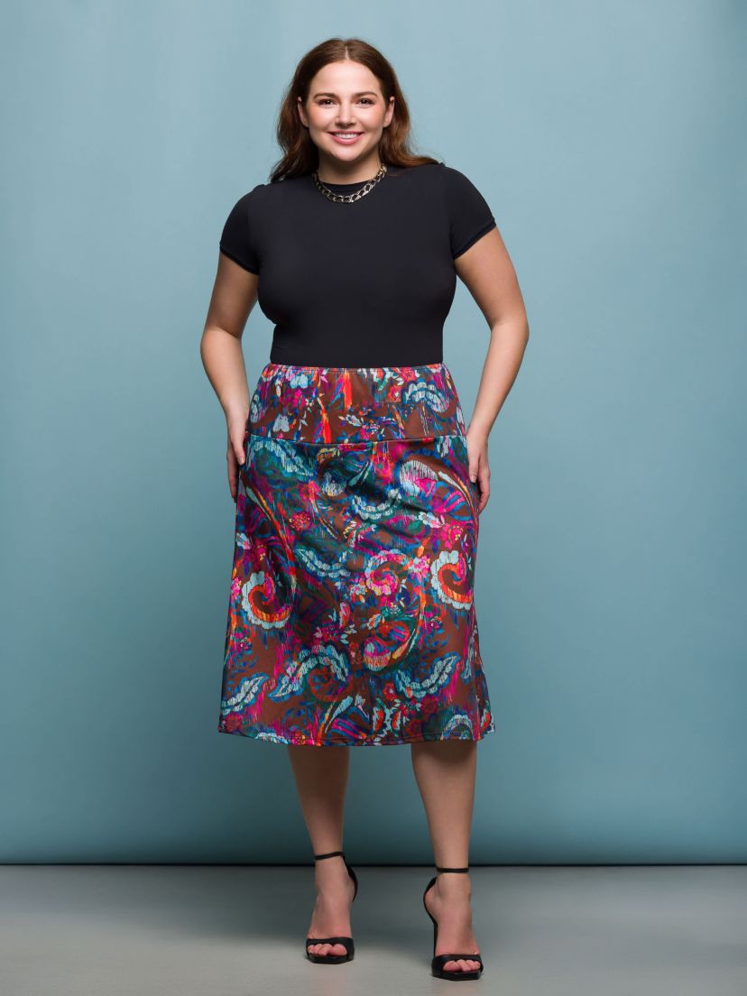 Plus Size Brown Paisley Print Comfortable Elastic Waist Knee Length Skirt
