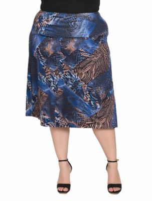 24seven Comfort Apparel Womens Plus Size Blue Animal Print Knee Length Skirt