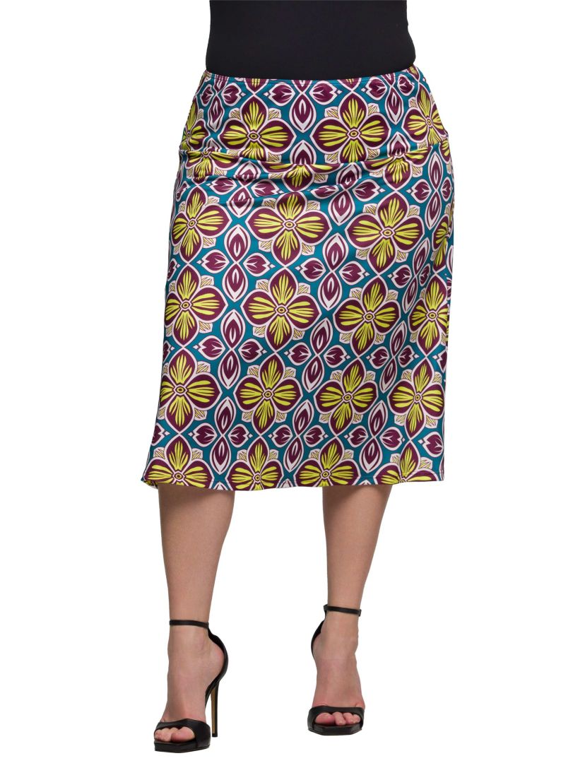 Plus Size Bright Floral Print Comfortable Elastic Waist Knee Length Skirt