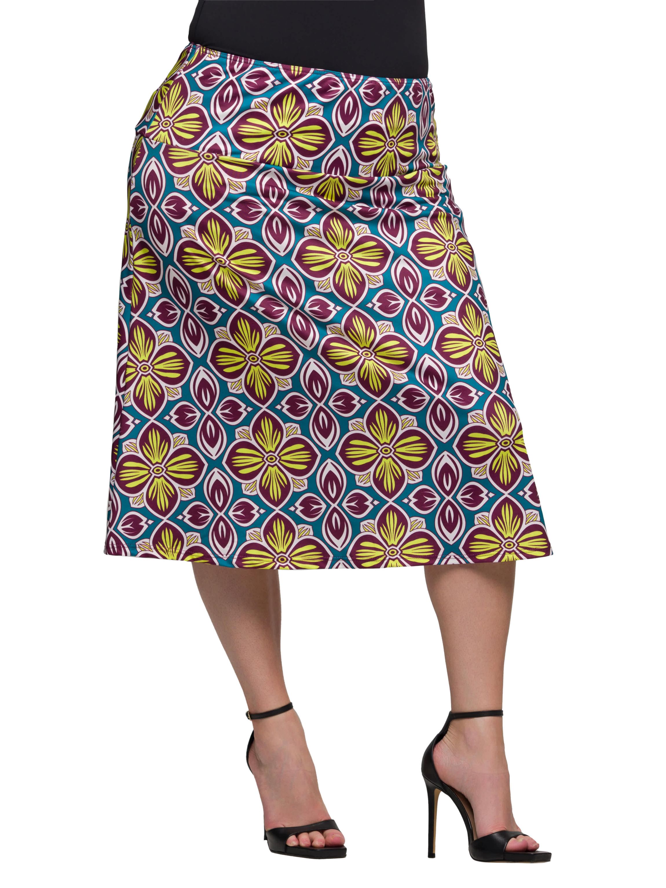 Plus Size Bright Floral Print Comfortable Elastic Waist Knee Length Skirt