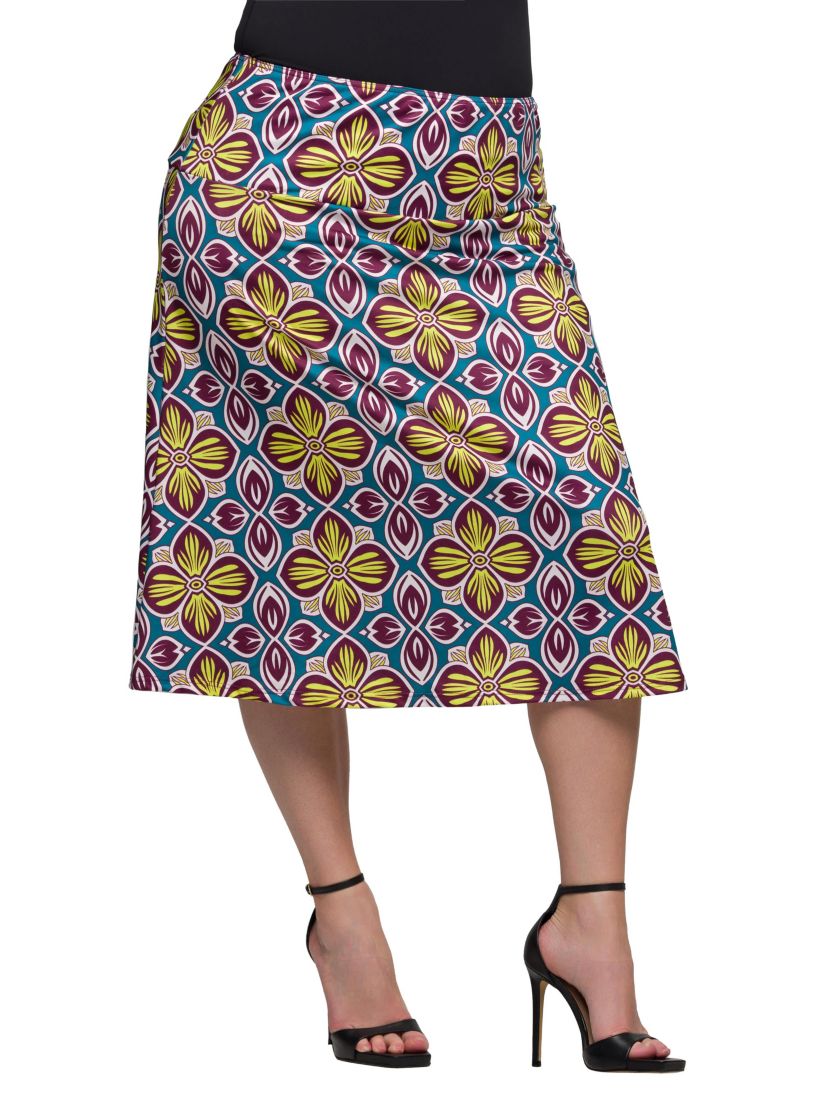 Plus Size Bright Floral Print Comfortable Elastic Waist Knee Length Skirt