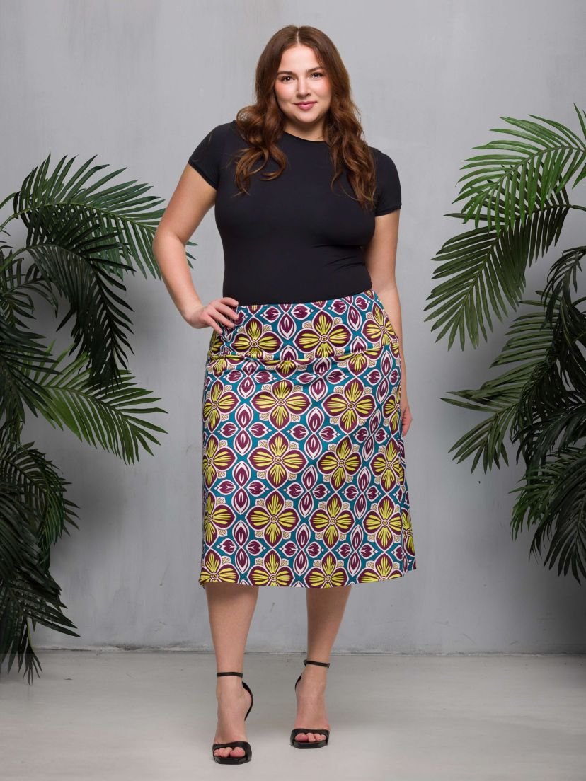 Plus Size Bright Floral Print Comfortable Elastic Waist Knee Length Skirt
