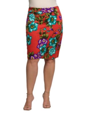 24seven Comfort Apparel Womens Plus Size Orange Floral Print Knee Length Pencil Skirt, 2X