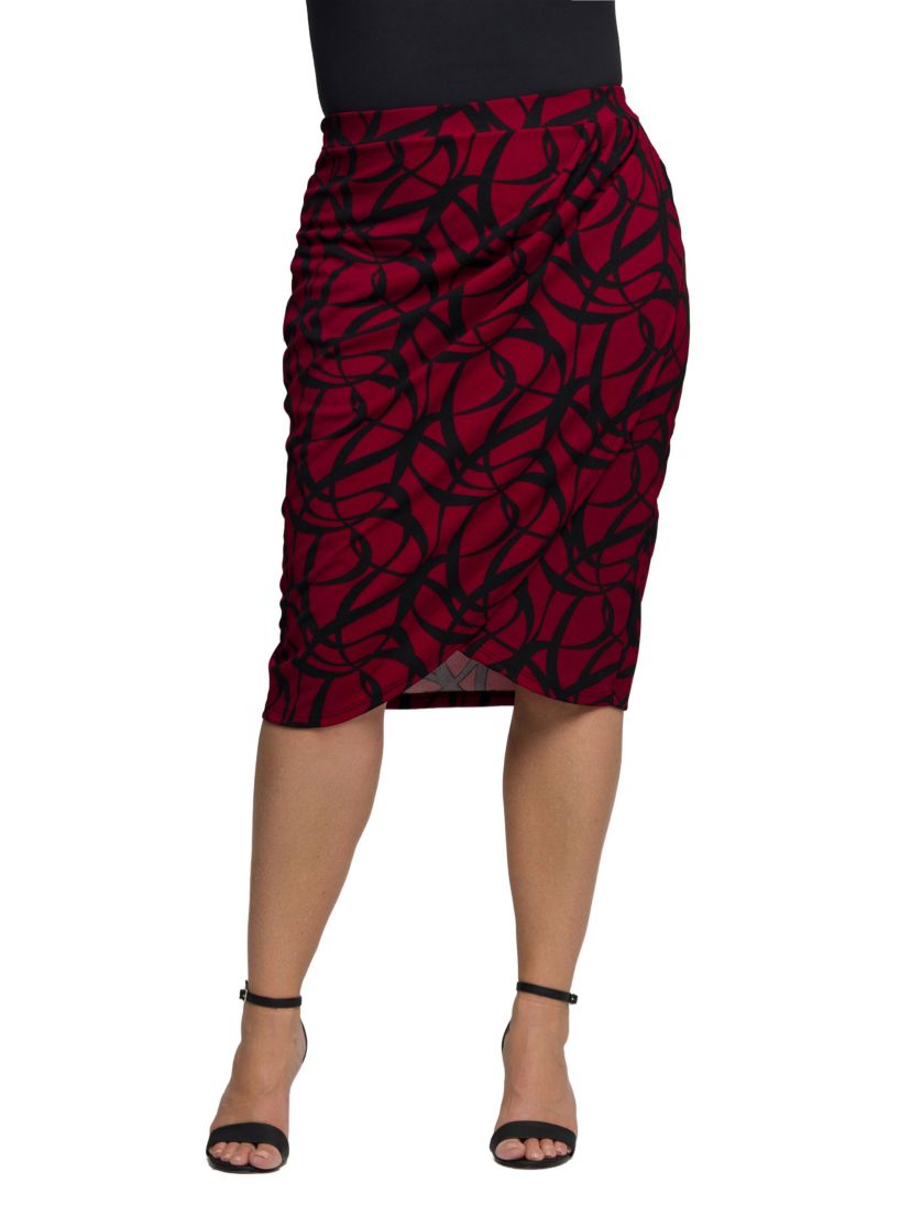 Womens Plus Size Burgundy Print Ruched Knee Length Skirt