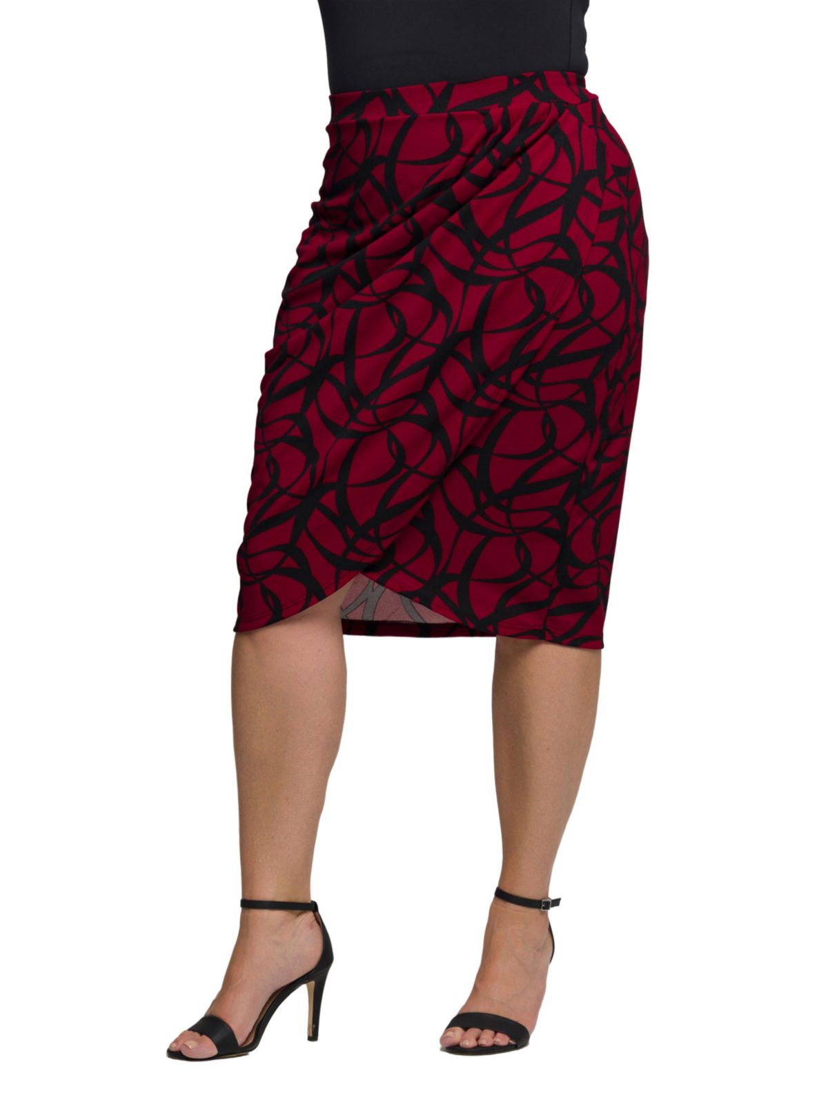 Womens Plus Size Burgundy Print Ruched Knee Length Skirt