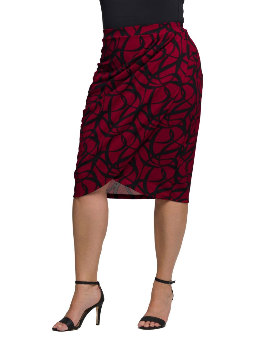 Womens Plus Size Burgundy Print Ruched Knee Length Skirt