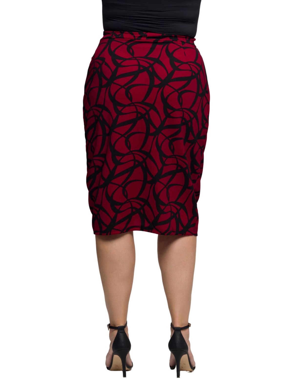Womens Plus Size Burgundy Print Ruched Knee Length Skirt