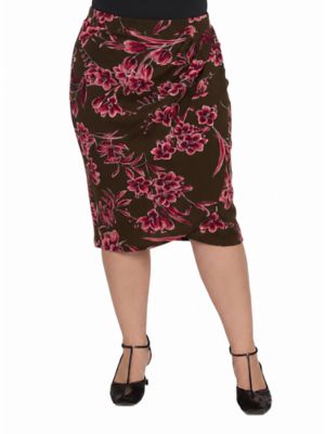 24seven Comfort Apparel Women's Elevate Curvy Floral Elastic High Waist Knee Length Tulip Pencil Skirt