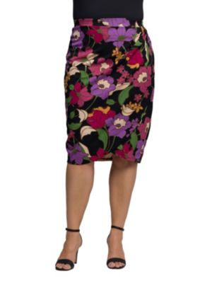 24seven Comfort Apparel Womens Plus Size Black Multi Floral Print Midi Pencil Skirt