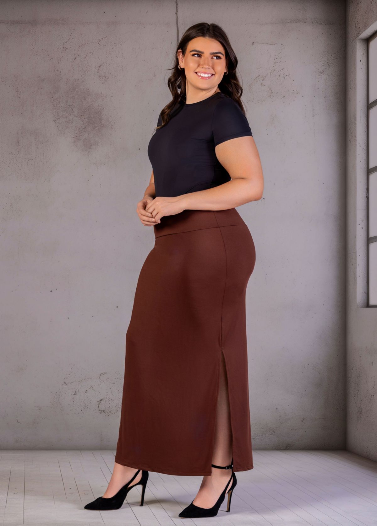 Plus Size Versatile Side Slit Elastic Waist Maxi Skirt