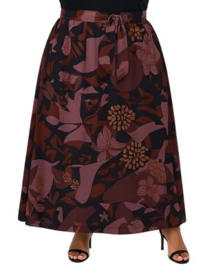 24seven Comfort Apparel Womens Plus Size Fall Floral Print Maxi Skirt with Buckle Waist