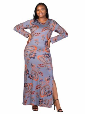 24seven Comfort Apparel Women's Plus Size Grey Long Sleeve Side Slit Fitted Maxi Dress