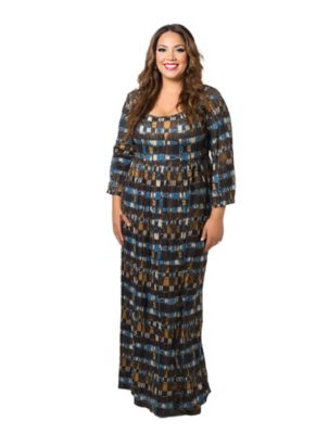 24seven Comfort Apparel Womens Plus Size Brown Geometric Print Long Sleeve Empire Waist Maxi Dress