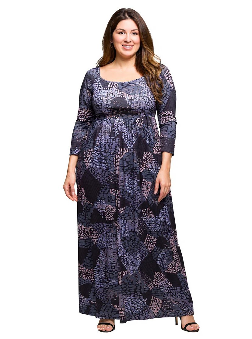 Womens Plus Size Long Sleeve Empire Waist Maxi Dress in Grey Print