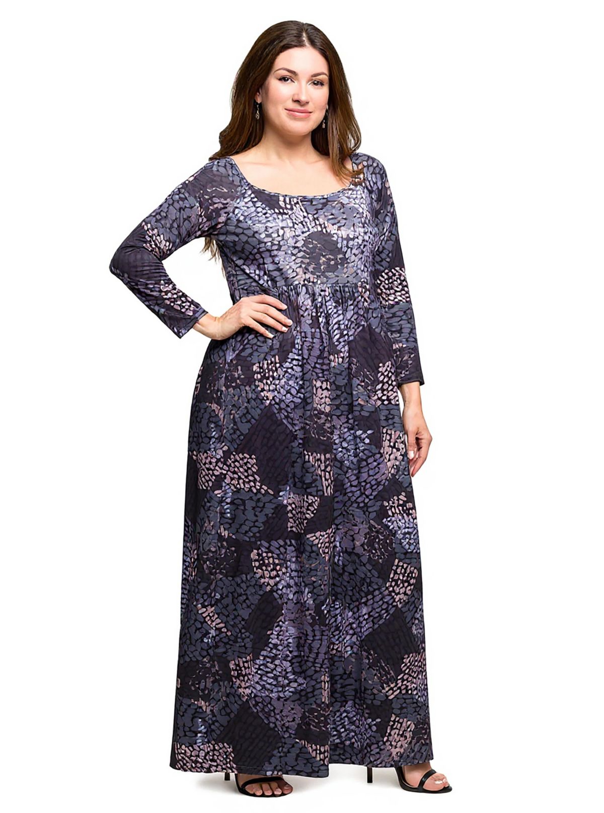 Womens Plus Size Long Sleeve Empire Waist Maxi Dress in Grey Print