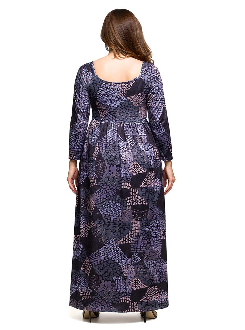 Womens Plus Size Long Sleeve Empire Waist Maxi Dress in Grey Print