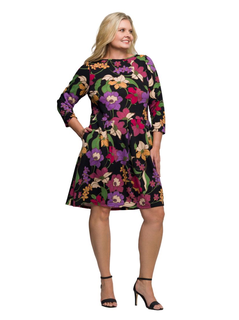 flare knee length dress Black Fit And Flare Dress Short Sleeve Shirred Waist main image 0