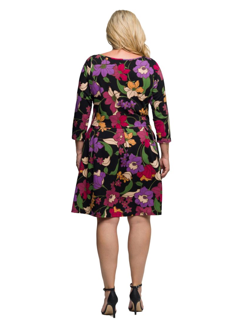 24seven Comfort Apparel Plus Size Black Multicolor Floral Fit and Flare Pocket Knee Length Dress - Multi - 2X