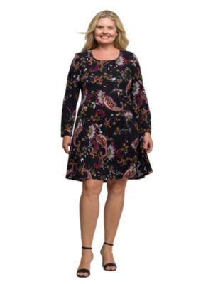 24seven Comfort Apparel Womens Plus Size Black Paisley Print Long Sleeve Fit and Flare Dress