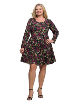 24seven Comfort Apparel Womens Plus Size Floral Print Long Sleeve Fit and Flare Mini Dress