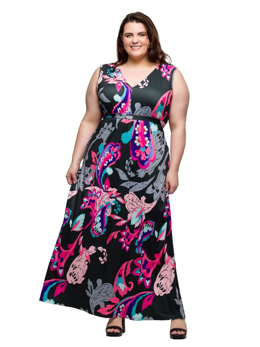 Plus Size Black and Pink  Print V Neck Empire Waist Sleeveless Maxi Dress