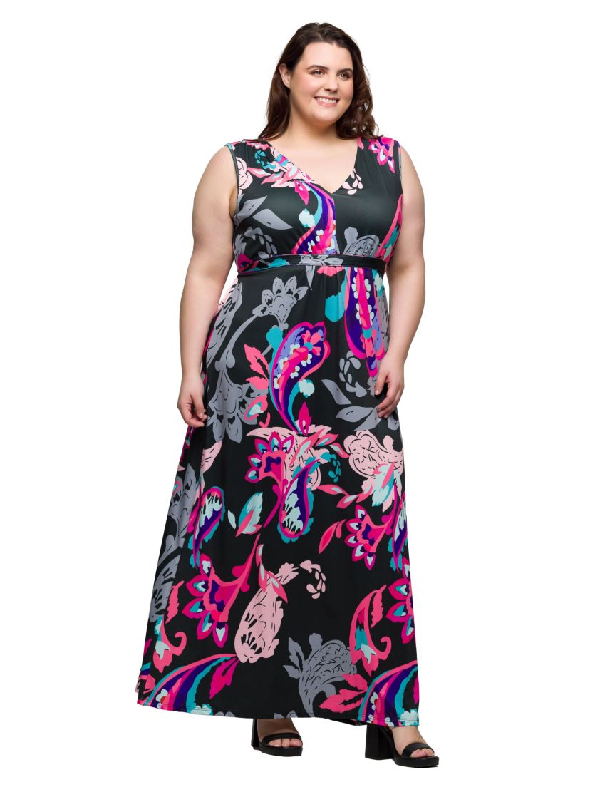 Plus Size Black and Pink  Print V Neck Empire Waist Sleeveless Maxi Dress