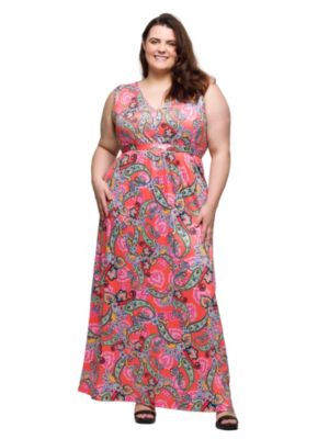 24seven Comfort Apparel Women's Plus Size Pink Paisley Print V Neck Empire Waist Sleeveless Maxi Dress