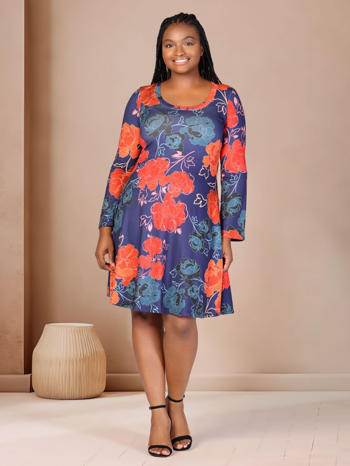 Plus Size Navy Floral Print Long Sleeve Knee Length Dress