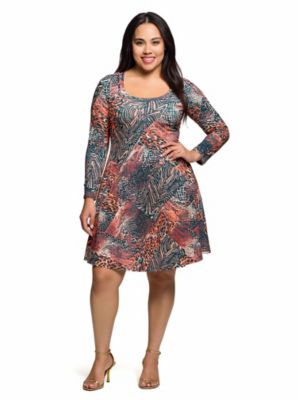 24seven Comfort Apparel Womens Plus Size Long Sleeve Fit and Flare Dress in Brown Multi Animal Print
