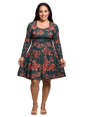 24seven Comfort Apparel Womens Plus Size Long Sleeve Fit and Flare Dress in Green Orange Floral Print