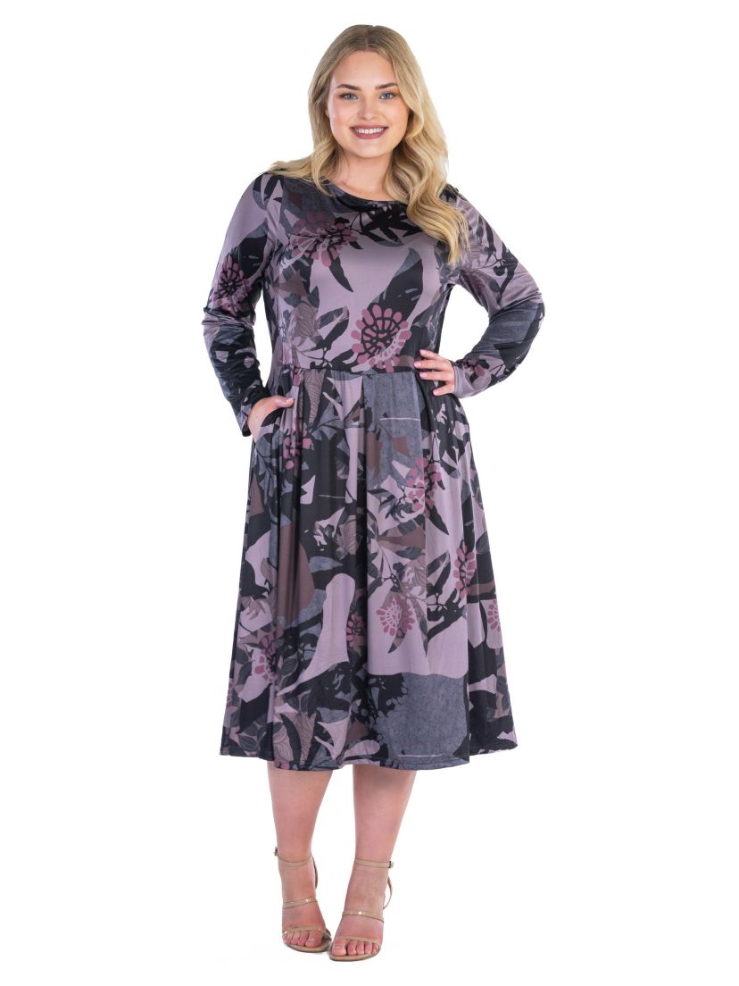Plus Size Grey and Mauve Floral Long Sleeve Pleated Pocket Midi Dress