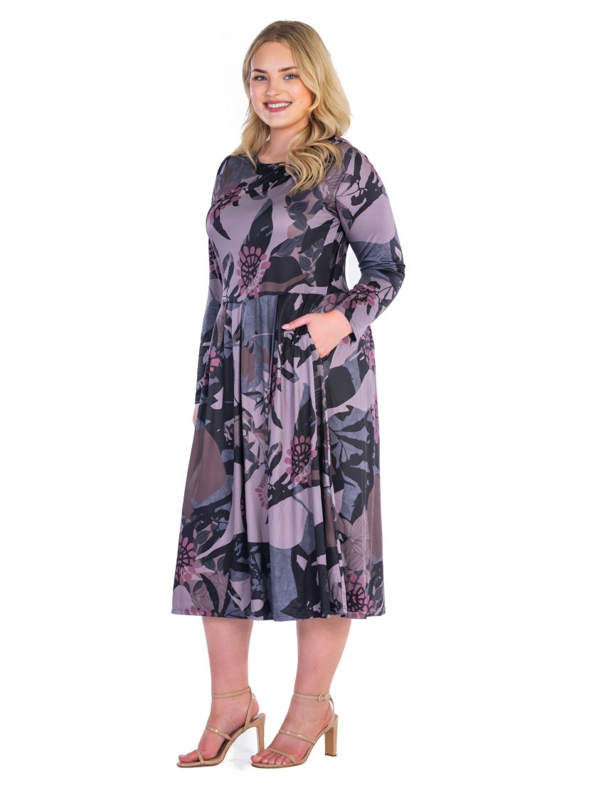 Plus Size Grey and Mauve Floral Long Sleeve Pleated Pocket Midi Dress
