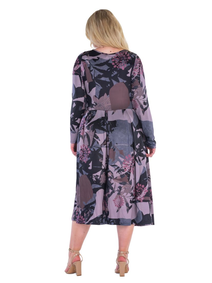 Plus Size Grey and Mauve Floral Long Sleeve Pleated Pocket Midi Dress