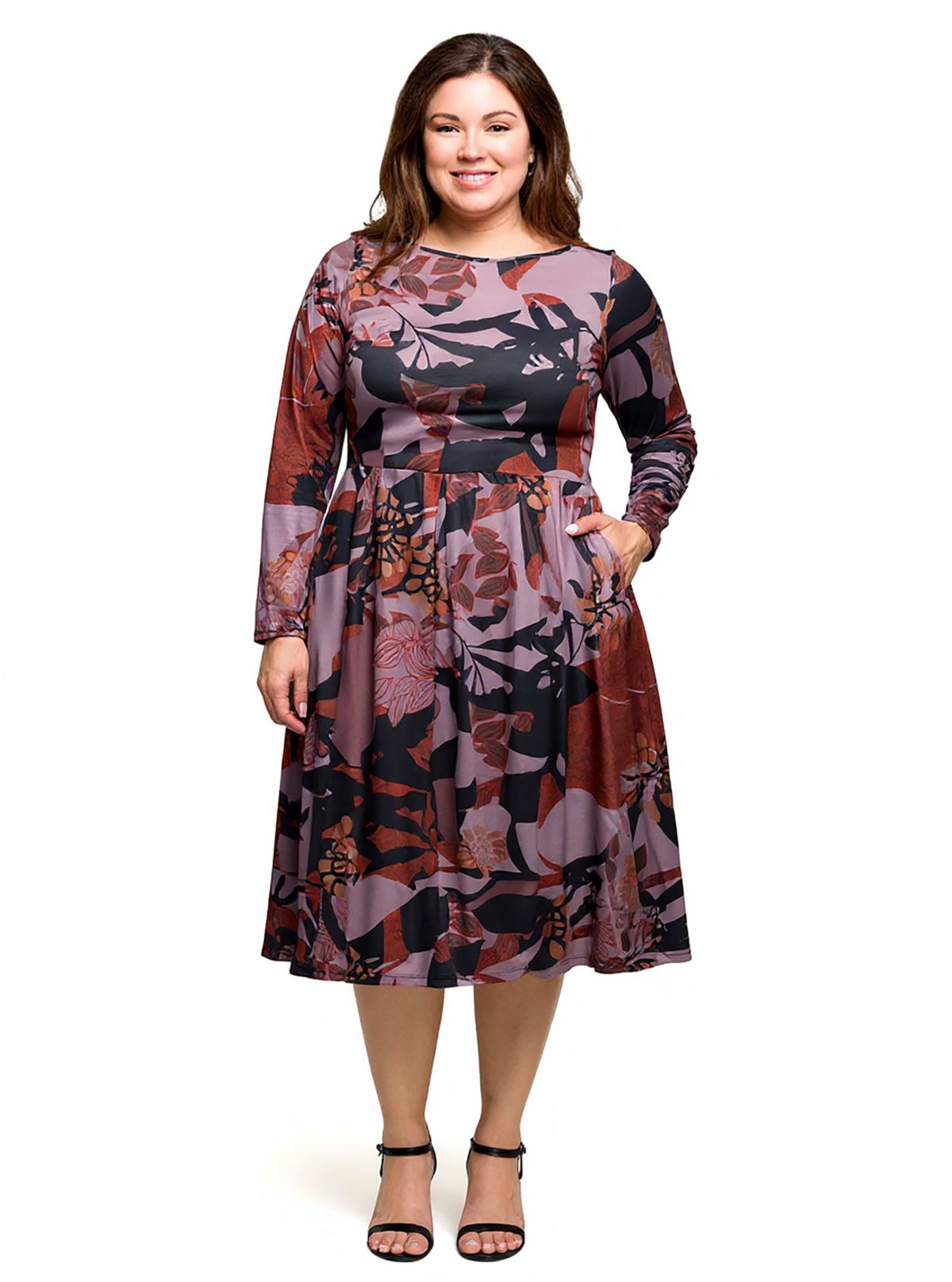 Womens Plus Size Long Sleeve Midi Dress Brown Floral Print