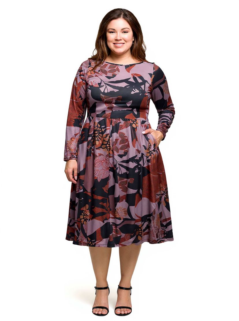 Womens Plus Size Long Sleeve Midi Dress Brown Floral Print