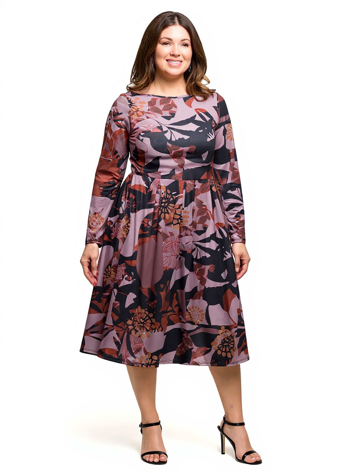 Womens Plus Size Long Sleeve Midi Dress Brown Floral Print