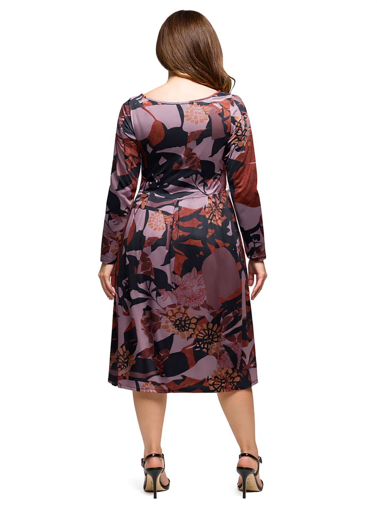 Womens Plus Size Long Sleeve Midi Dress Brown Floral Print