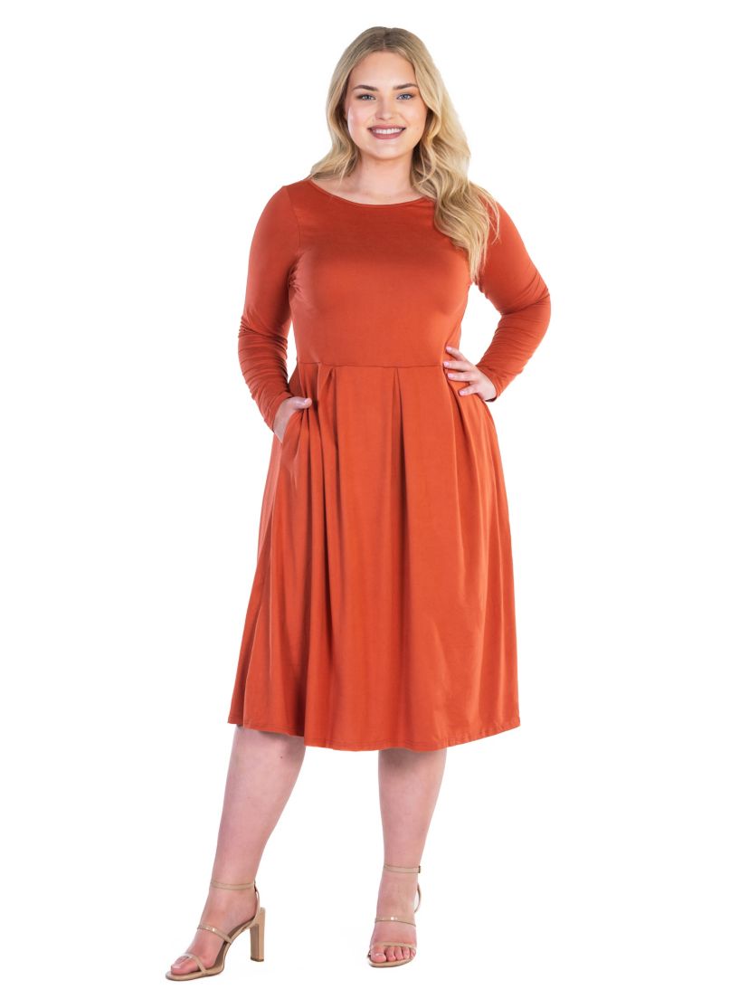 24seven Comfort Apparel Long Sleeve Fit and Flare Plus Size Midi Dress