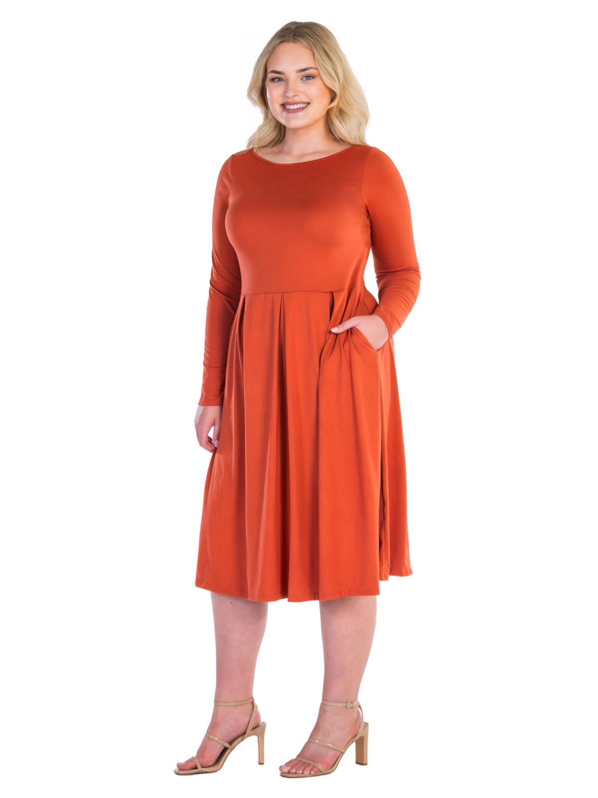 24seven Comfort Apparel Long Sleeve Fit and Flare Plus Size Midi Dress