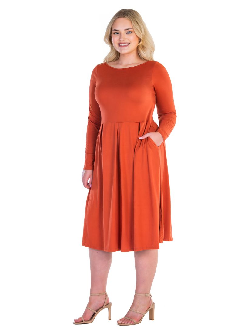 24seven Comfort Apparel Long Sleeve Fit and Flare Plus Size Midi Dress
