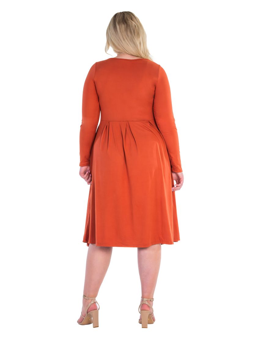 24seven Comfort Apparel Long Sleeve Fit and Flare Plus Size Midi Dress