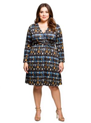 24seven Comfort Apparel Womens Plus Size Long Sleeve Wrap Dress with Belt in Brown Blue Geometric Print