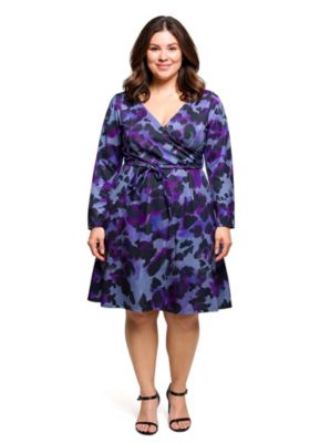 24seven Comfort Apparel Womens Plus Size Long Sleeve Wrap Dress with Belt in Purple Black Print