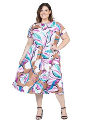 24seven Comfort Apparel Women's Plus Size Abstract Floral Short Sleeve Pleated Flare Midi Pocket Dress