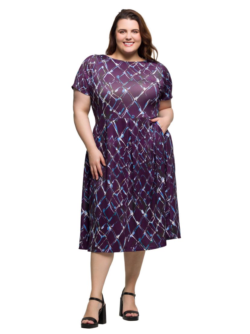 Plus Size Purple Print Short Sleeve Pleated Flare Midi Pocket Dress