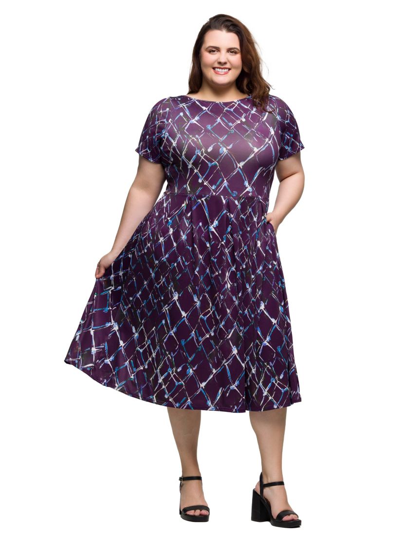 Plus Size Purple Print Short Sleeve Pleated Flare Midi Pocket Dress