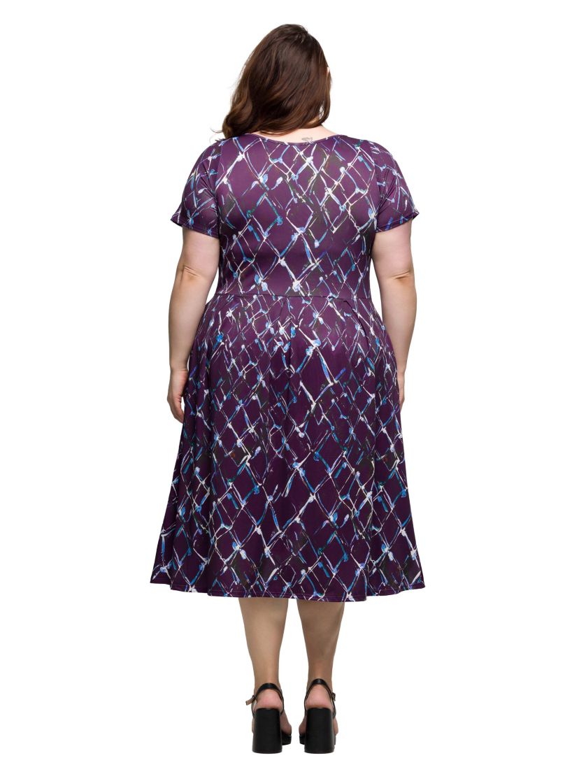 Plus Size Purple Print Short Sleeve Pleated Flare Midi Pocket Dress