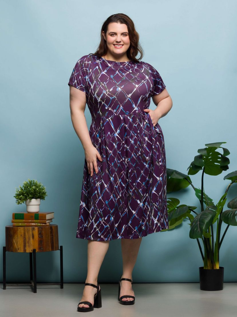 Plus Size Purple Print Short Sleeve Pleated Flare Midi Pocket Dress